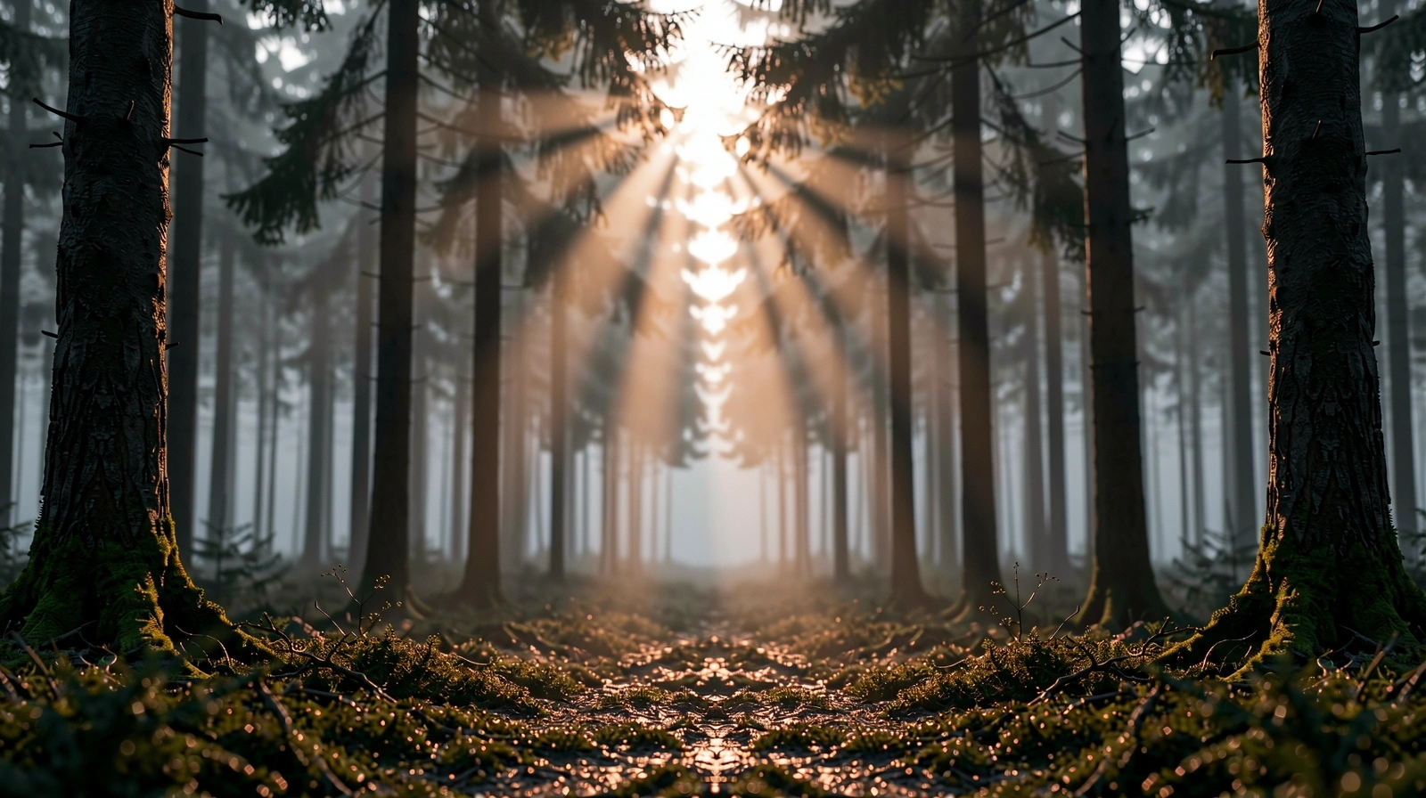 Atmosphärischer bayerischer Wald im Morgennebel